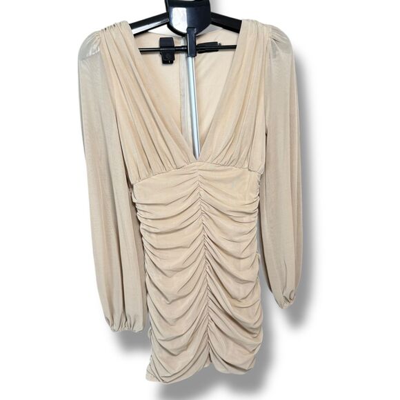PrettyLittleThing Dresses & Skirts - PrettyLittleThing Long Sleeve Ruched Mesh Mini Dress Nude Beige | Size 6